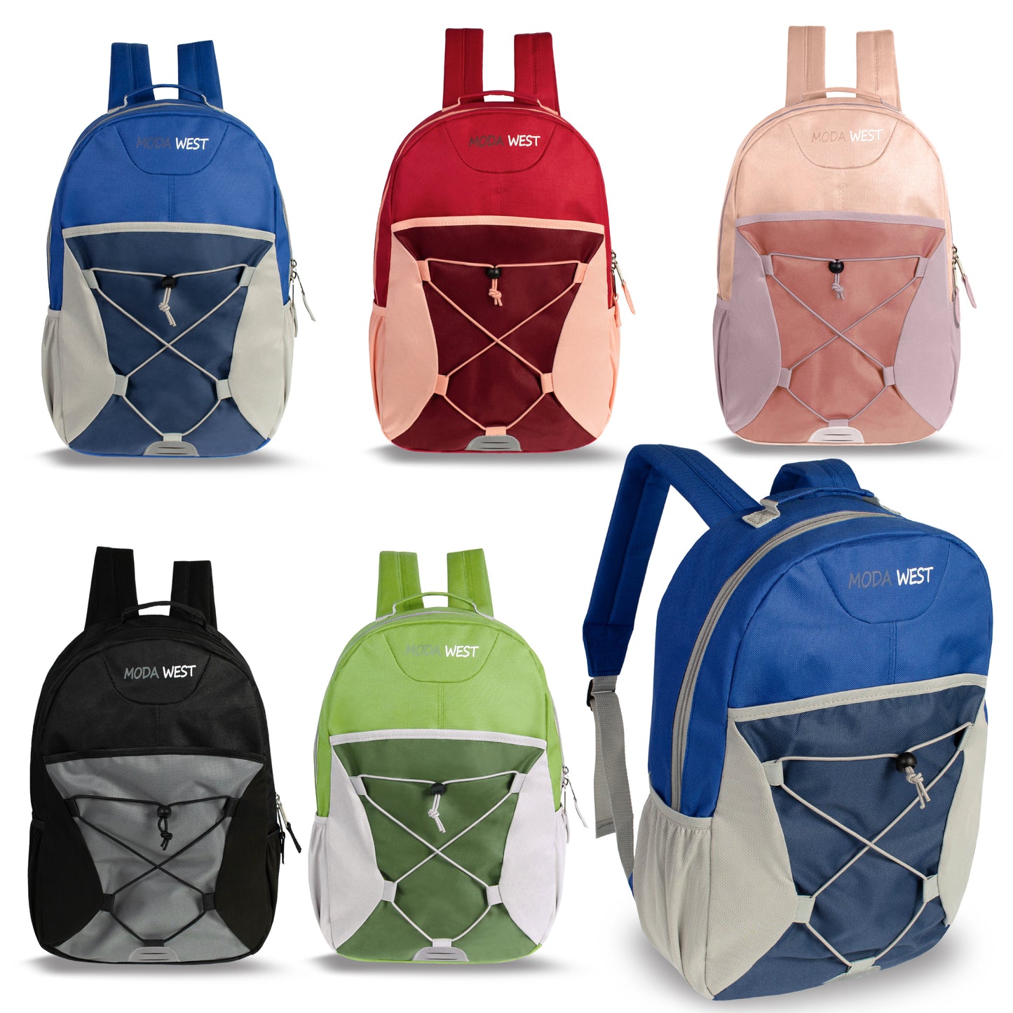 17" Bungee Wholesale Backpacks in 6 Assorted Colors - Bulk Case of 24 ($5.80 / UNIT - ITEM: DWBP-249-24)
