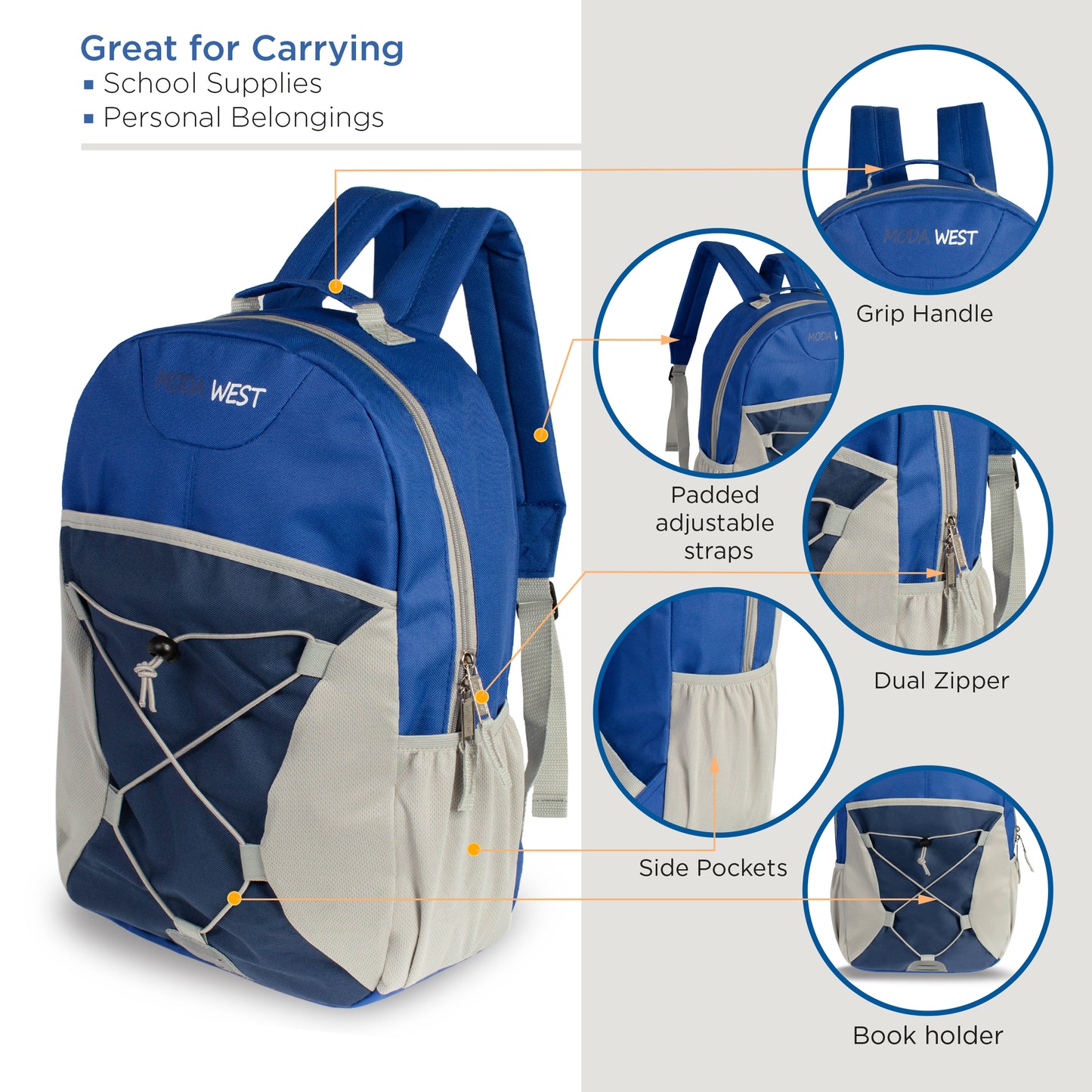 17" Bungee Wholesale Backpacks in 6 Assorted Colors - Bulk Case of 24 ($5.80 / UNIT - ITEM: DWBP-249-24)