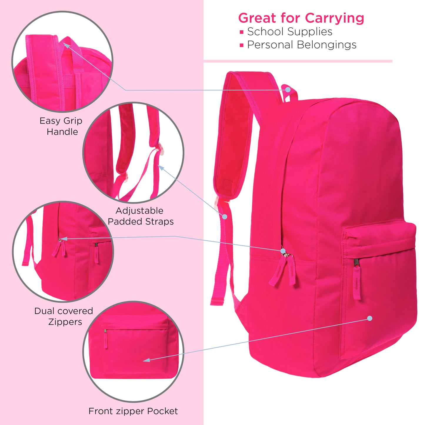 17" Bright Color Wholesale Backpacks in 6 Colors - Bulk Case of 24 ($7.25 / UNIT - ITEM: DWBP-254-24)
