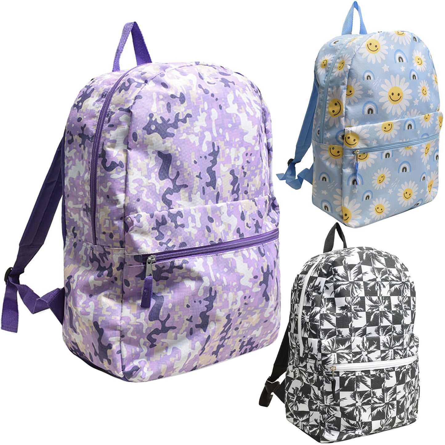 17" Printed Wholesale Backpacks in 3 Assorted Prints & Colors - Bulk Case of 24 ($6.20 / UNIT - ITEM: DWBP-317-24)