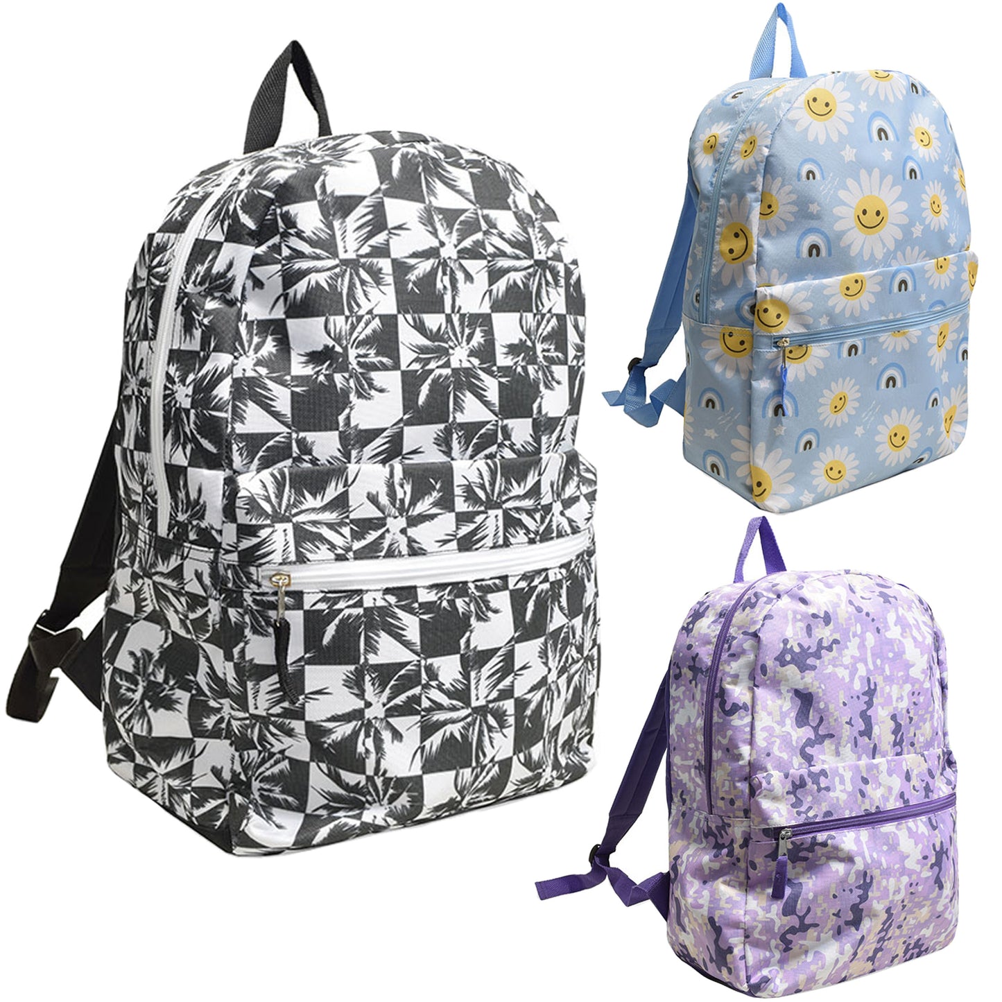 17" Printed Wholesale Backpacks in 3 Assorted Prints & Colors - Bulk Case of 24 ($6.20 / UNIT - ITEM: DWBP-317-24)