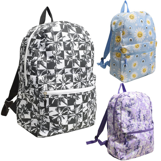 17" Printed Wholesale Backpacks in 3 Assorted Prints & Colors - Bulk Case of 24 ($6.20 / UNIT - ITEM: DWBP-317-24)