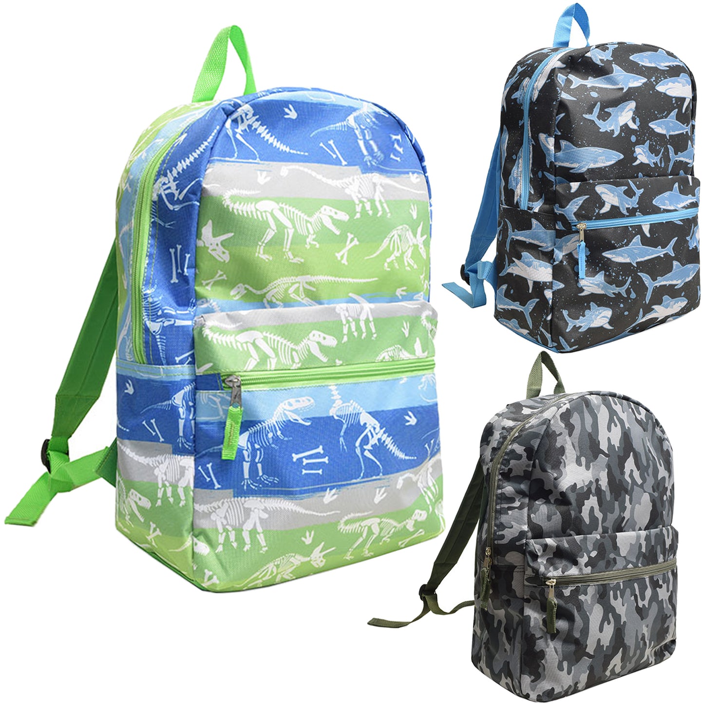 17" Printed Wholesale Backpacks in 3 Designs - Bulk Case of 24 ($6.20 / UNIT - ITEM: DWBP-318-24)