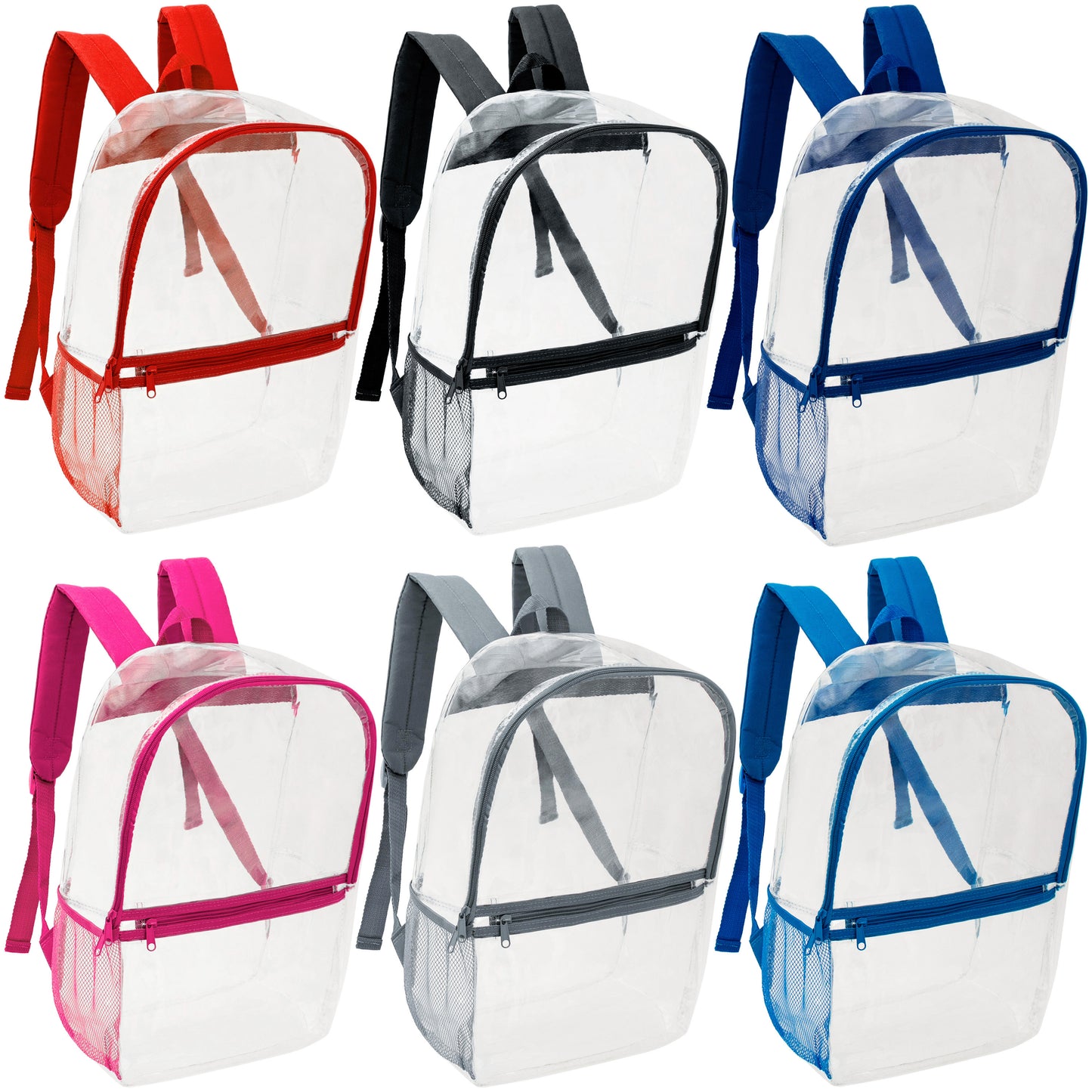 17" Clear Wholesale Backpacks in 6 Assorted Colors - Bulk Case of 24 ($8.50 / UNIT - ITEM: DWBP-340-24)
