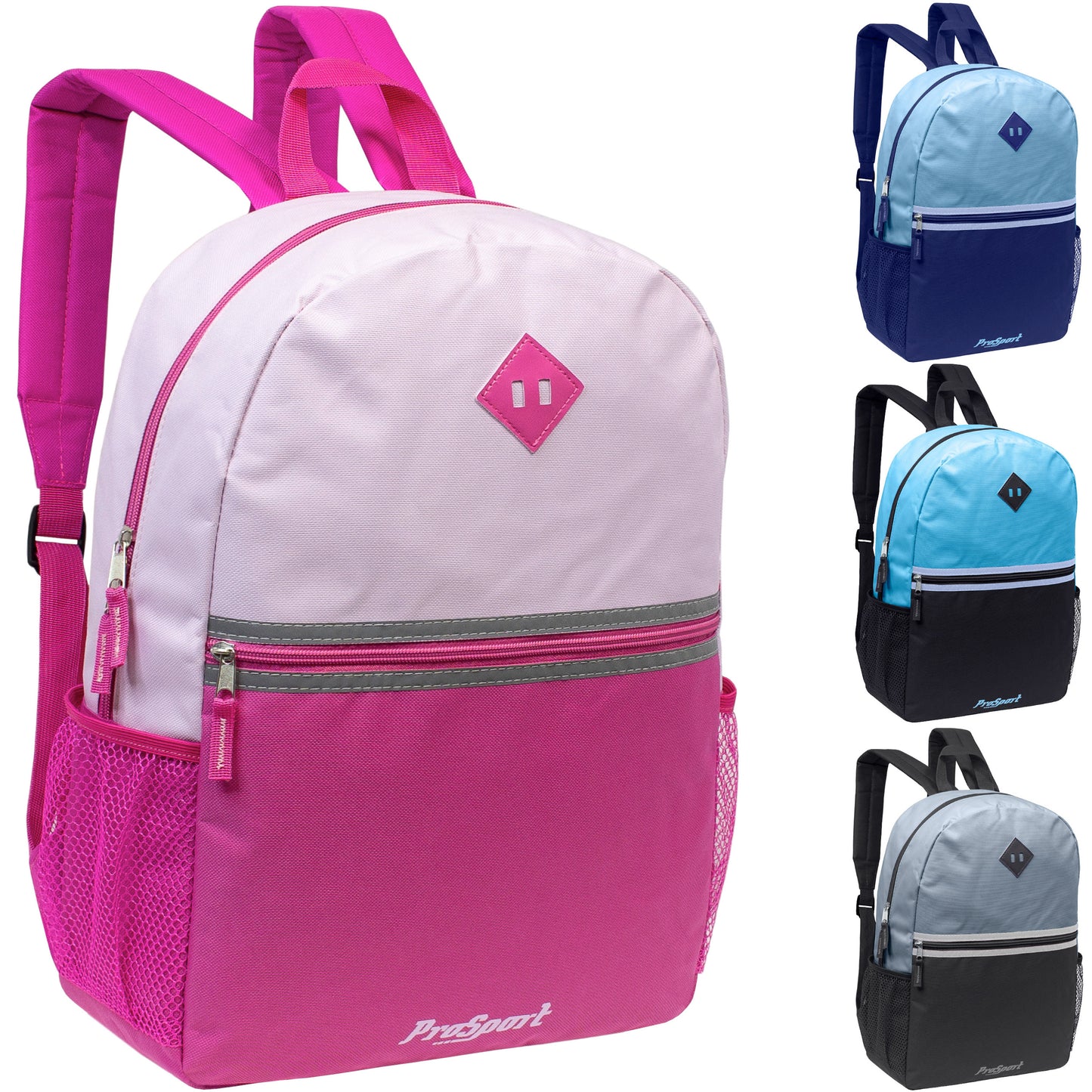 17" Diamond Patch Wholesale Backpacks in 4 Colors - Bulk Case of 24 ($6.20 / UNIT - ITEM: DWBP-319-24)