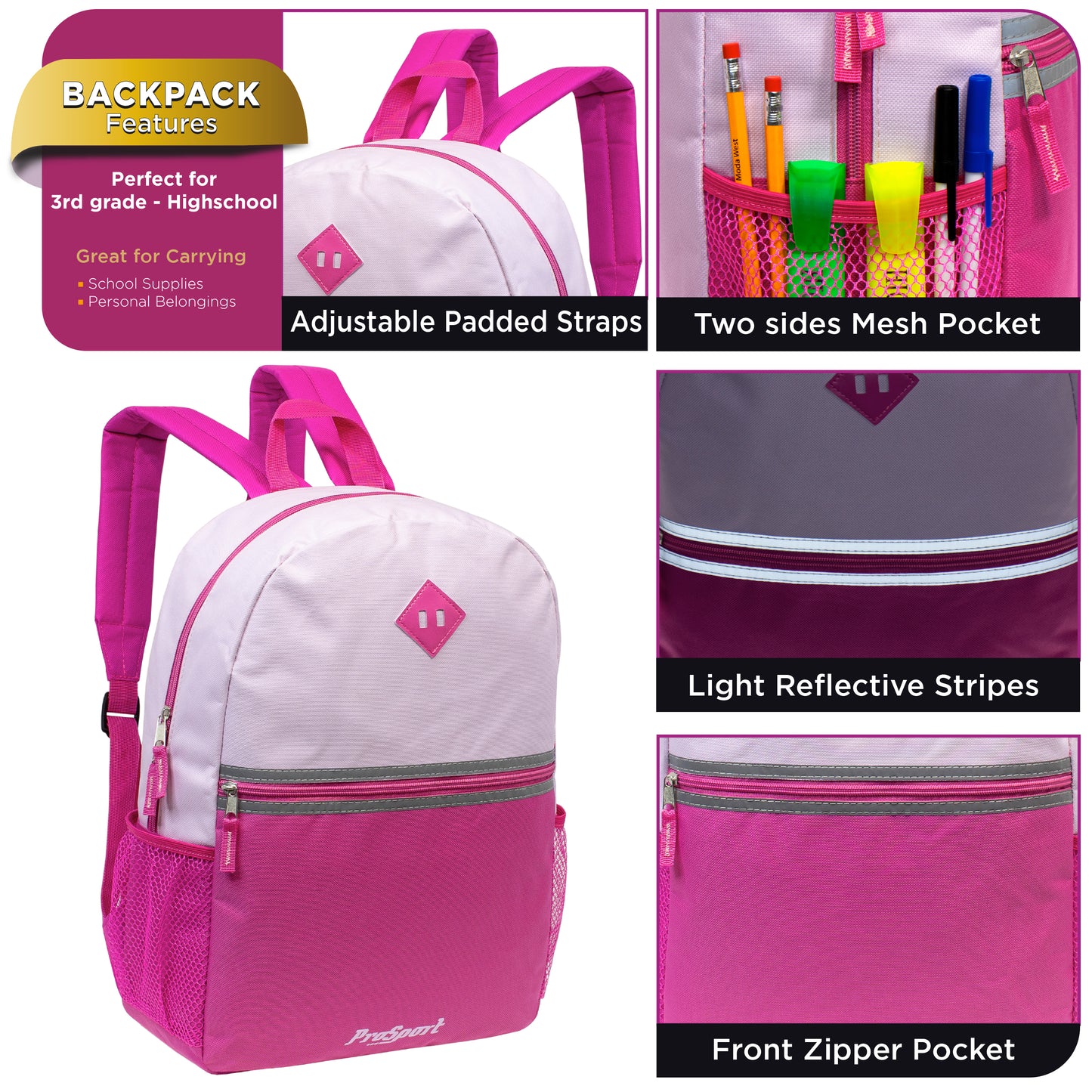 17" Diamond Patch Wholesale Backpacks in 4 Colors - Bulk Case of 24 ($6.20 / UNIT - ITEM: DWBP-319-24)