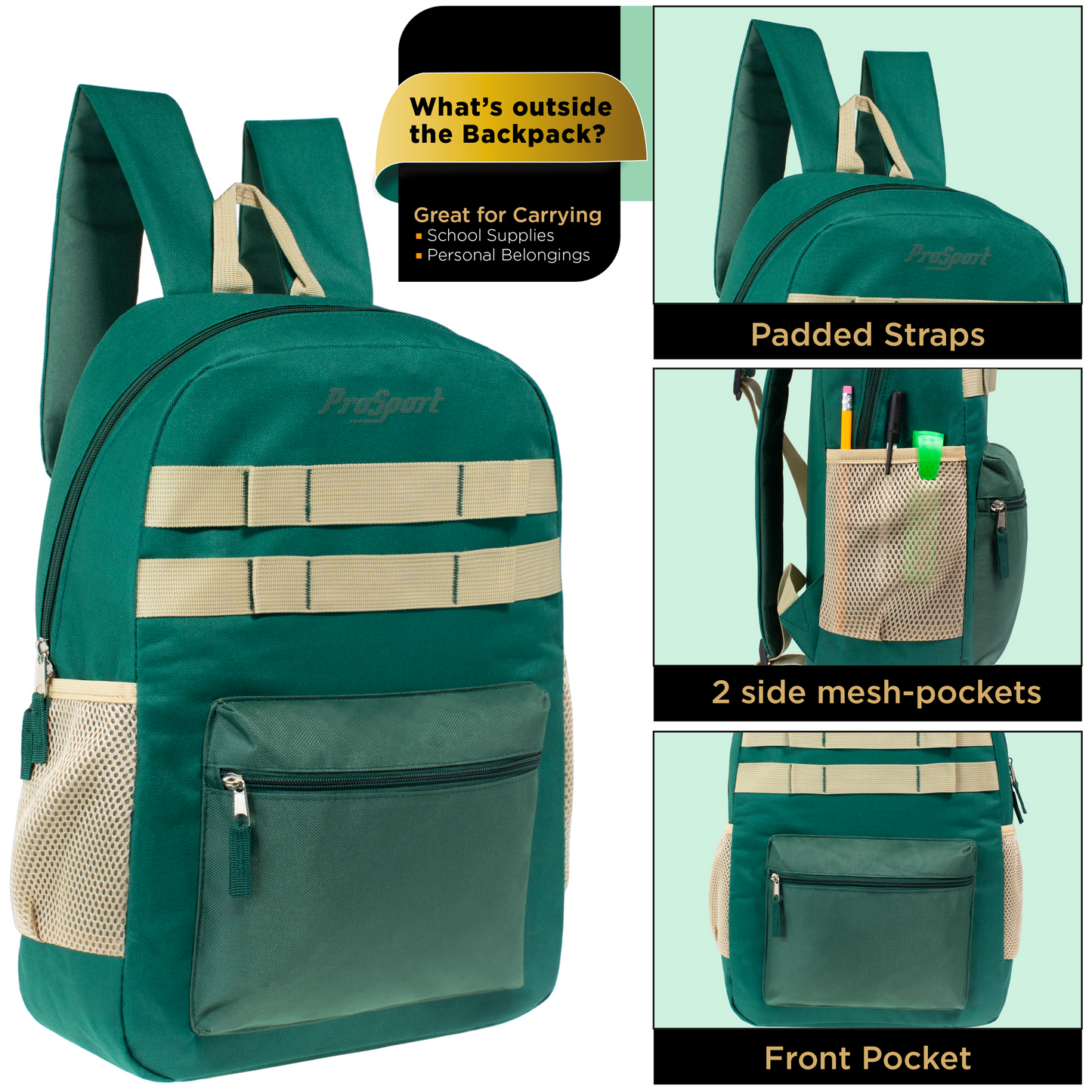 17" Multi Color Wholesale Backpacks with Mesh Side Pockets - Bulk Case of 24 ($8.80 / UNIT - ITEM: DWBP-322-24)