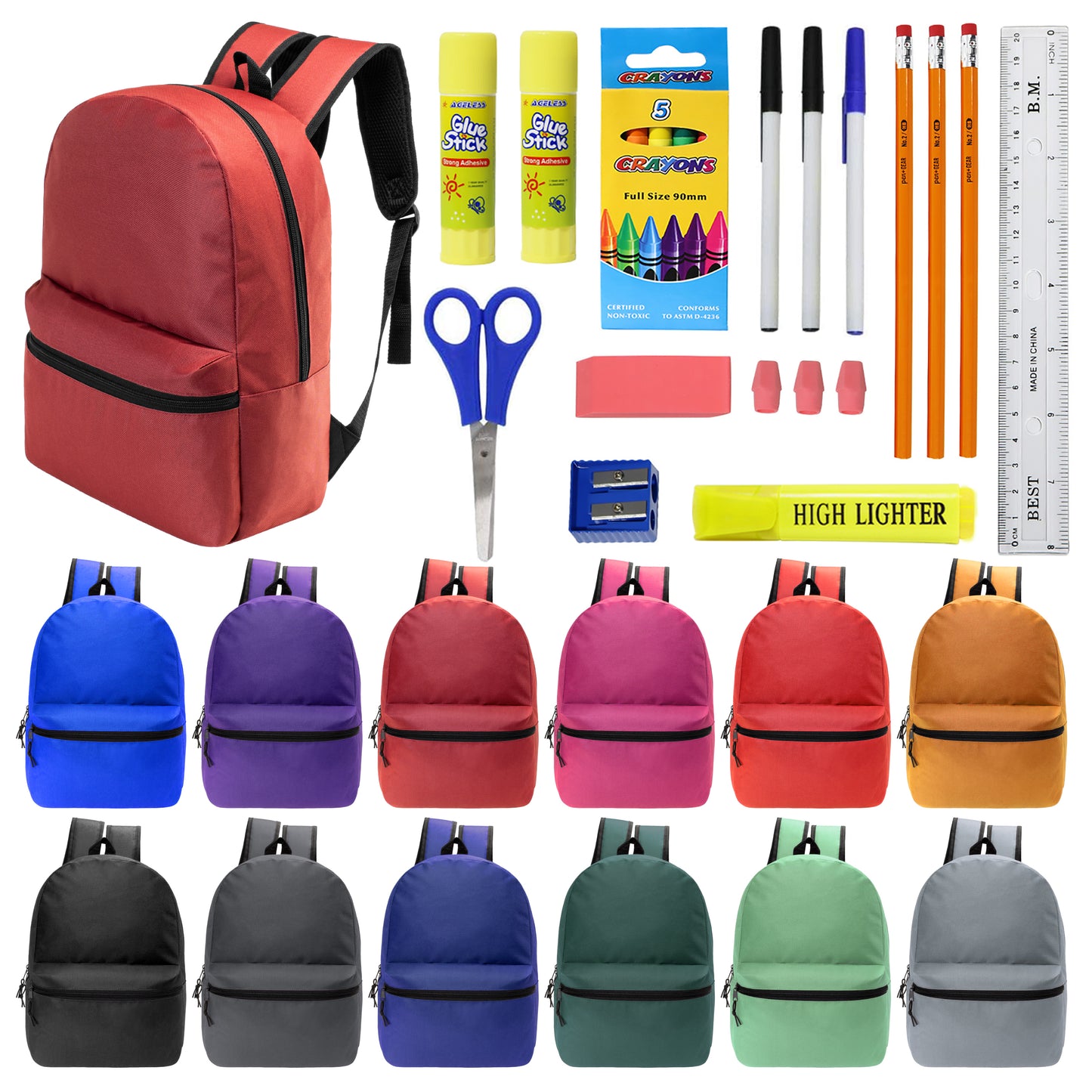 12 Basic 17" Wholesale Backpacks & 12 Bulk School Supply Kits | Choose Your Kit