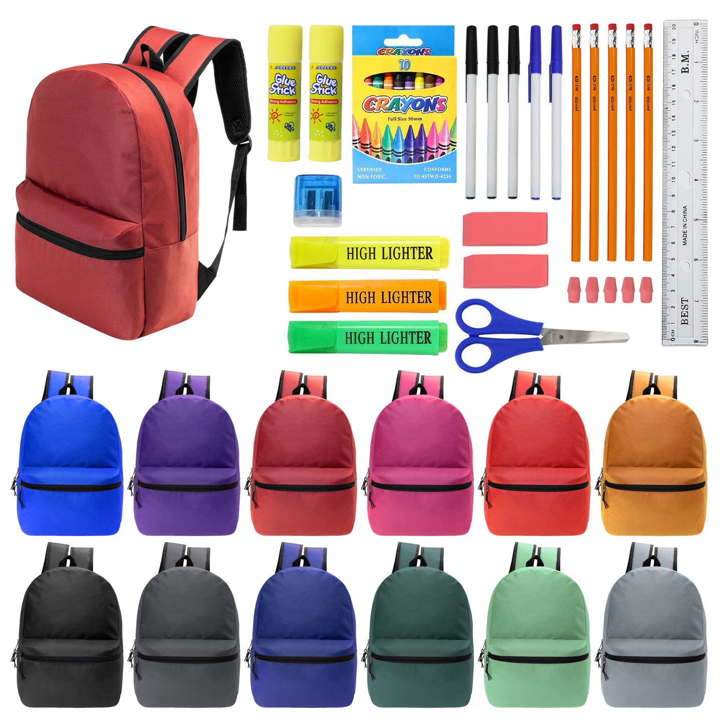 12 Basic 17" Wholesale Backpacks & 12 Bulk School Supply Kits | Choose Your Kit