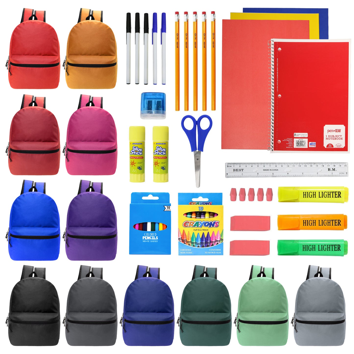 12 Basic 17" Wholesale Backpacks & 12 Bulk School Supply Kits | Choose Your Kit