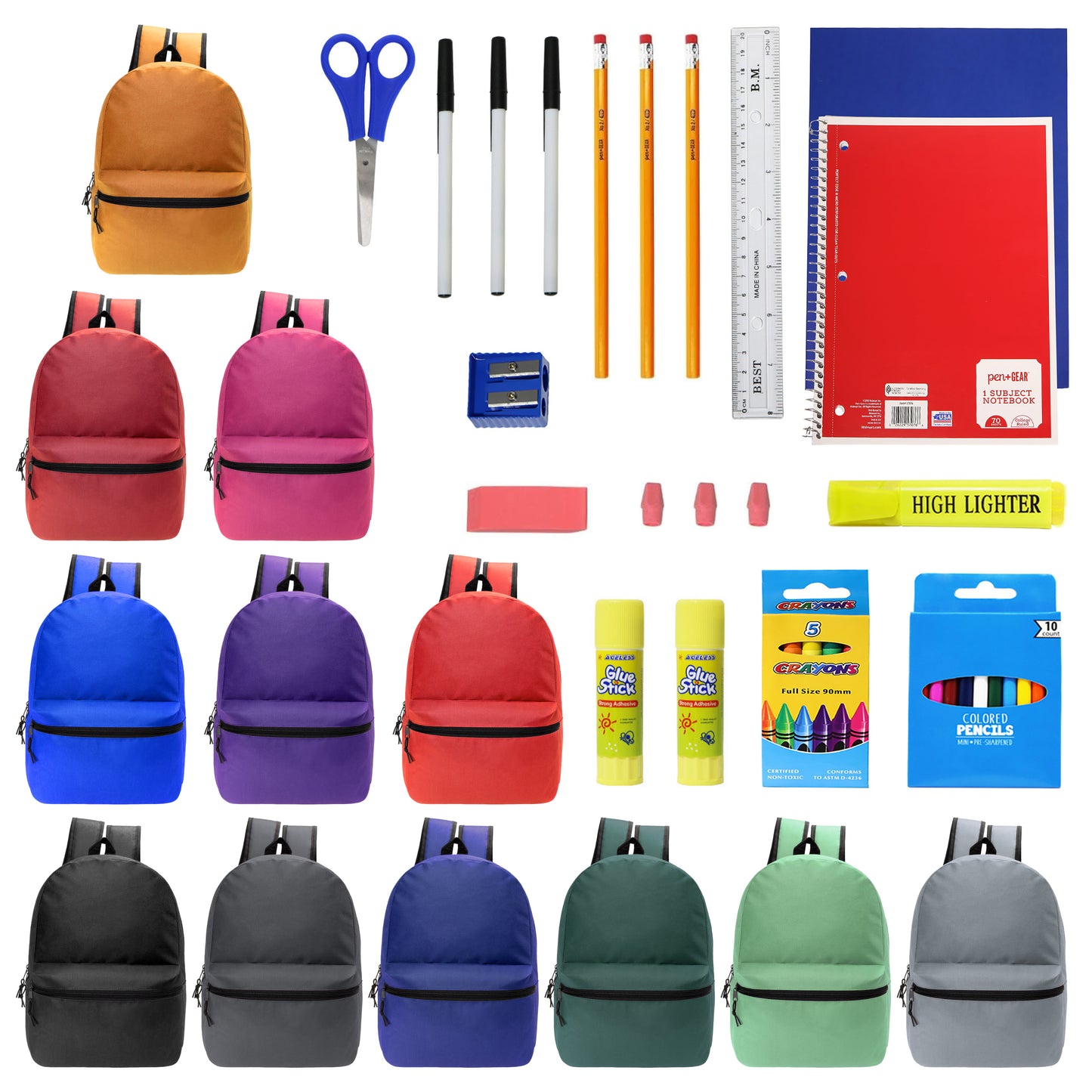 12 Basic 17" Wholesale Backpacks & 12 Bulk School Supply Kits | Choose Your Kit