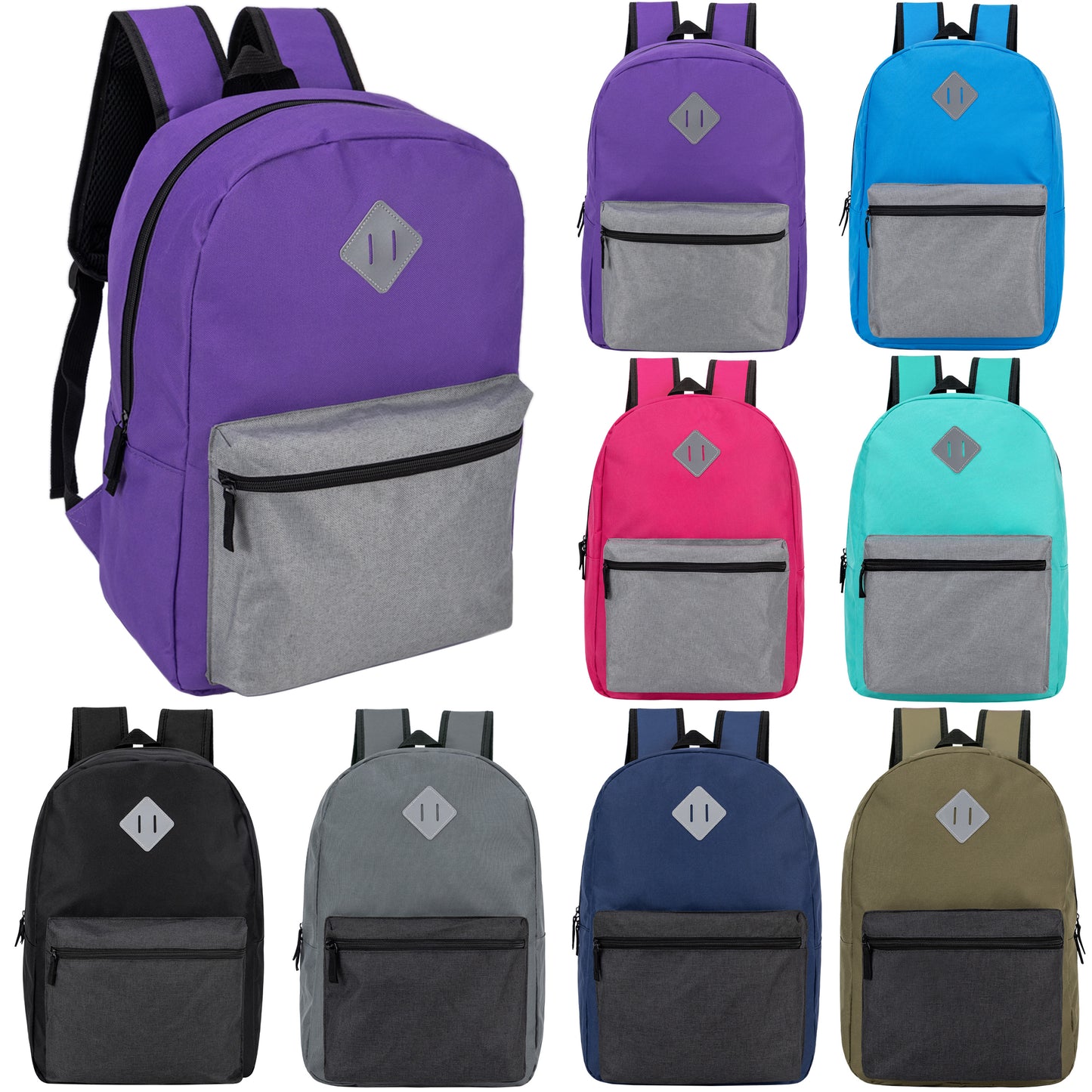 17" Diamond Patch Multi Color Wholesale Backpacks in 8 Colors - Bulk Case of 24 ($5.70 / UNIT - ITEM: DWBP-300-24)
