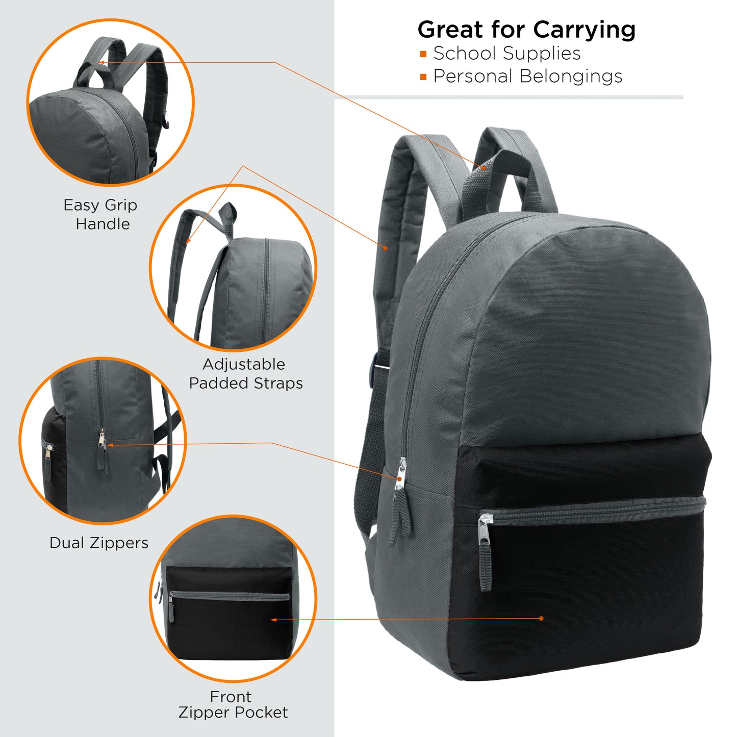 17" Boys Multi-Color Wholesale Backpacks in 6 Color Combos - Bulk Case of 24 ($4.50 / UNIT - ITEM: DWBP-282-24)