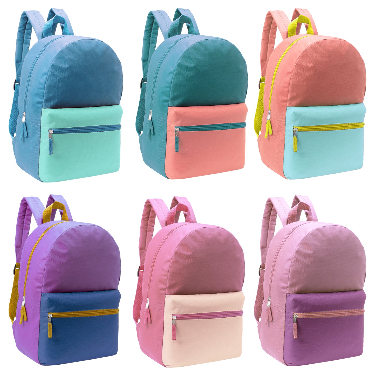 17" Girls Multi-Color Wholesale Backpacks in 6 Color Combos - Bulk Case of 24 ($4.50 / UNIT - ITEM: DWBP-283-24)