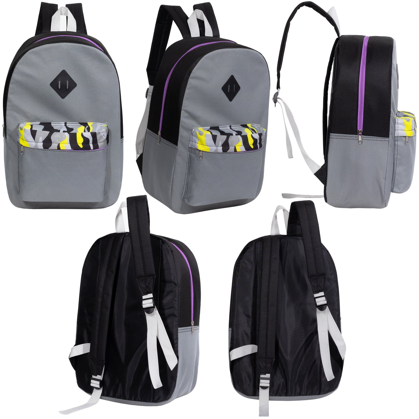 17" Padded Wholesale Backpacks in 5 Random Colors / Prints - Bulk Case of 24 ($5.50 / UNIT - ITEM: DWBP-349-24)