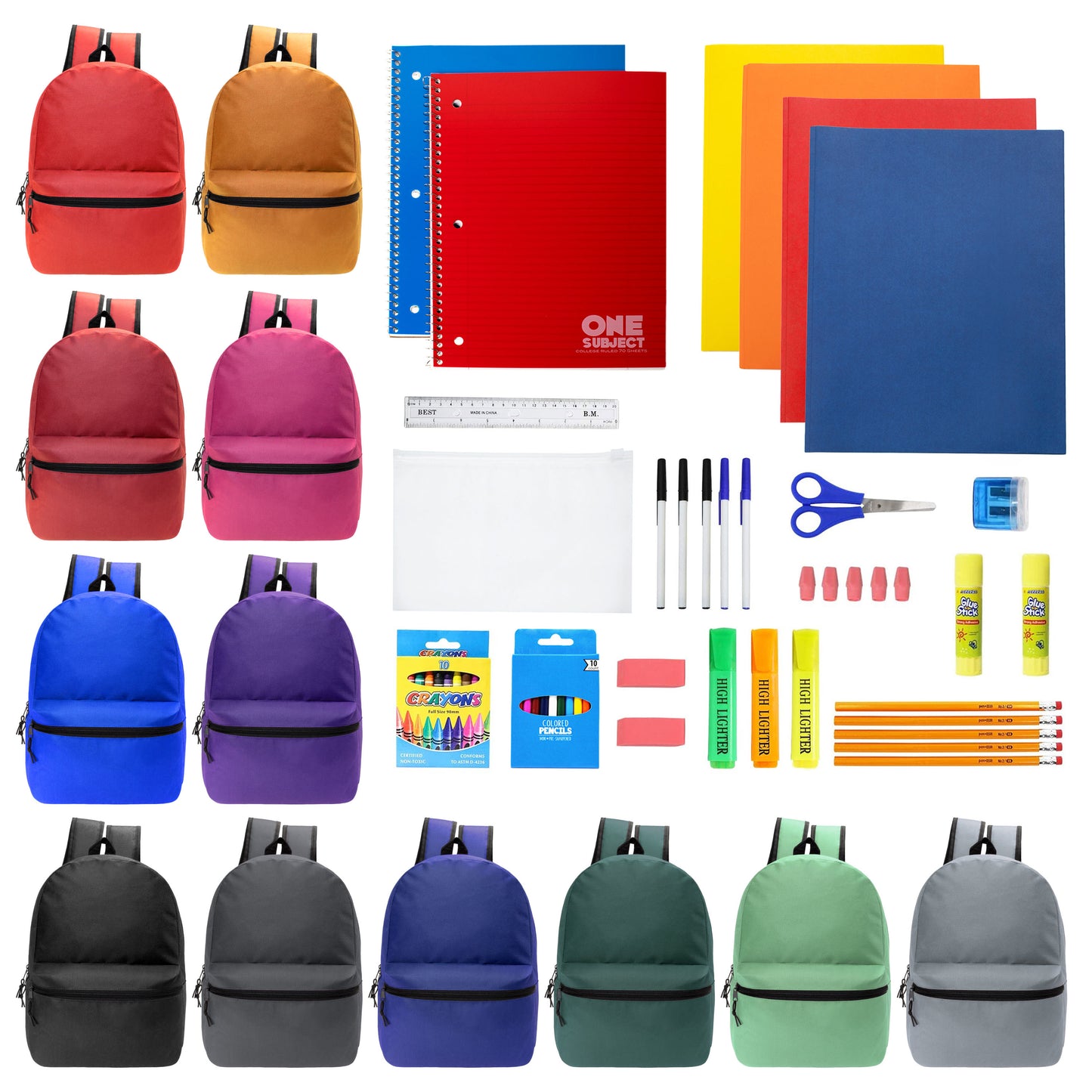 12 Basic 17" Wholesale Backpacks & 12 Bulk School Supply Kits | Choose Your Kit