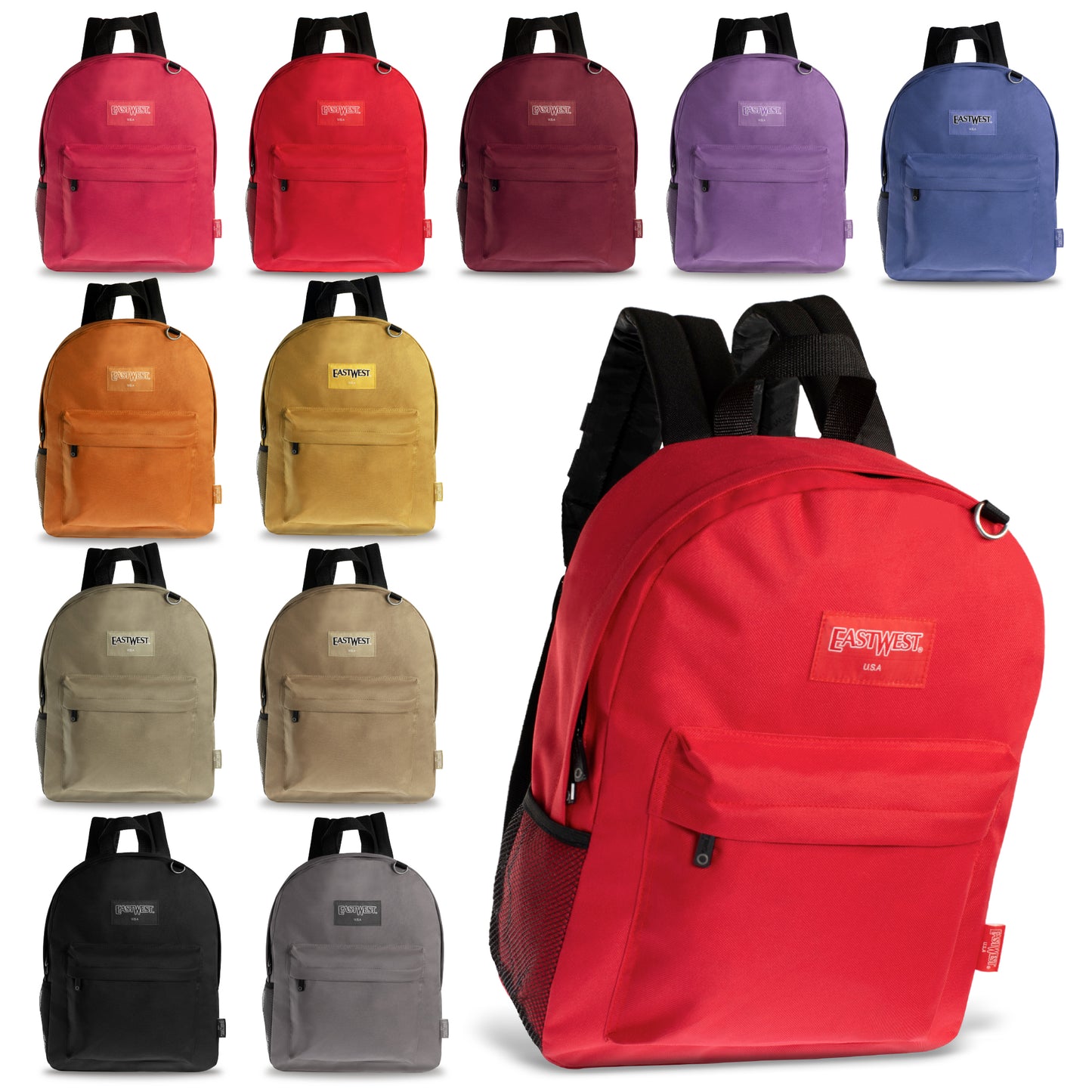 17" Classic Solid Color Wholesale Backpacks in 11 Colors - Bulk Case of 24 ($7.75 / UNIT - ITEM: DWBP-263-24)
