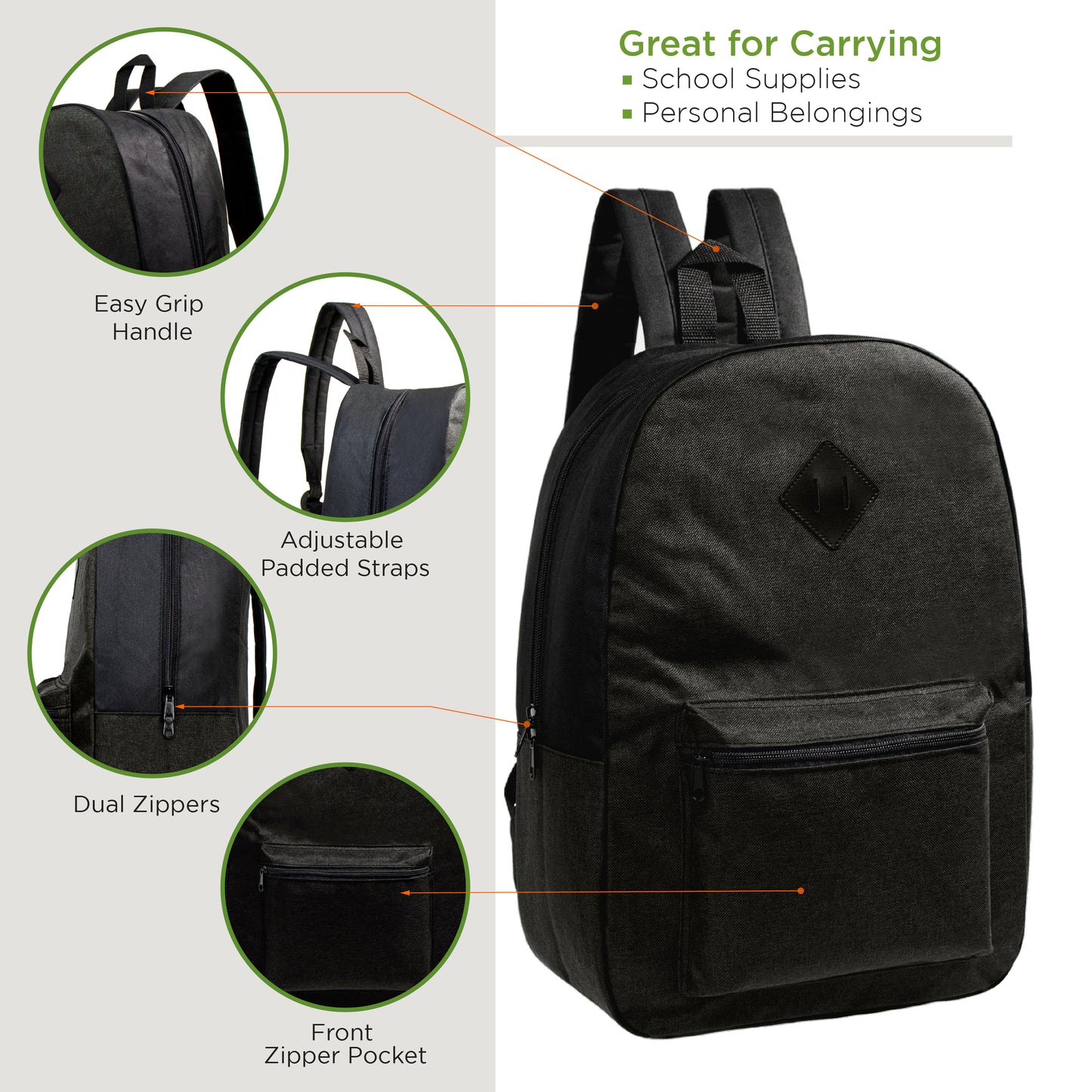 17" Diamond Patch Wholesale Backpacks in 4 Colors - Bulk Case of 24 ($4.60 / UNIT - ITEM: DWBP-306-24)