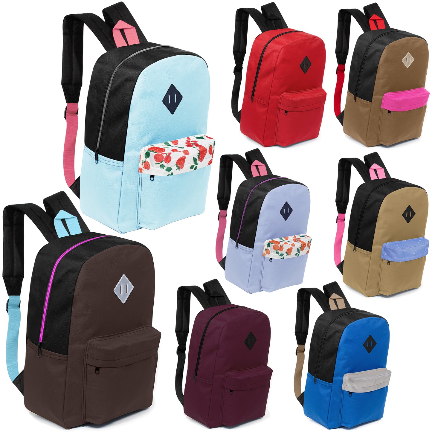 17" Padded Wholesale Backpacks in 8 Random Colors / Prints - Bulk Case of 24 ($5.50 / UNIT - ITEM: DWBP-347-24)
