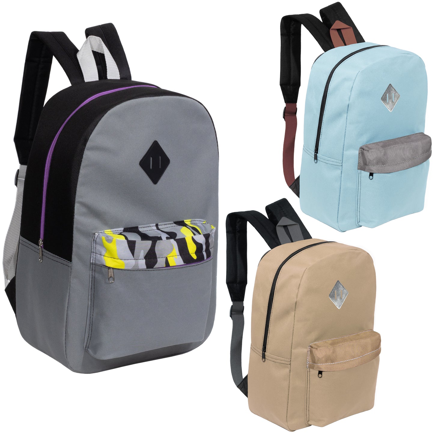 17" Padded Wholesale Backpacks in 5 Random Colors / Prints - Bulk Case of 24 ($5.50 / UNIT - ITEM: DWBP-349-24)