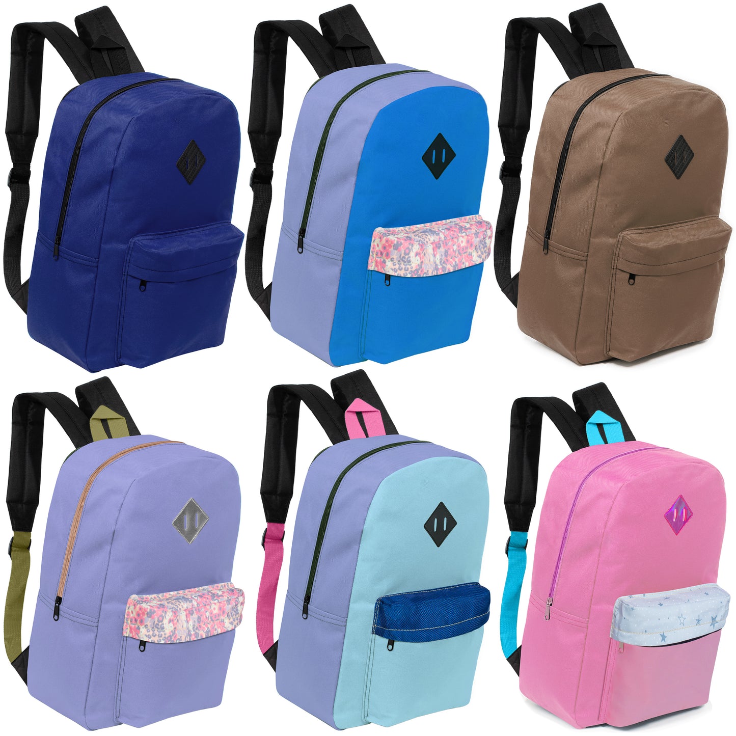 17" Padded Wholesale Backpacks in 8 Random Colors - Bulk Case of 24 ($5.50 / UNIT - ITEM: DWBP-350-24)