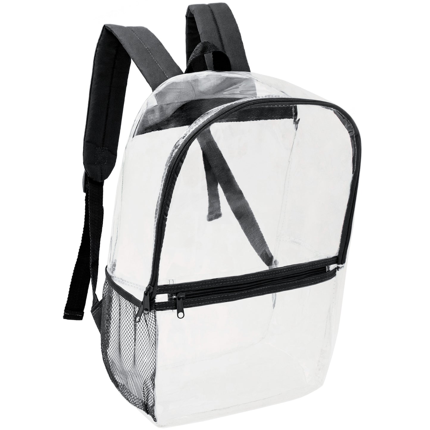 17" Clear Wholesale Backpacks with Black Trim - Bulk Case of 24 ($8.50 / UNIT - ITEM: DWBP-341-24)