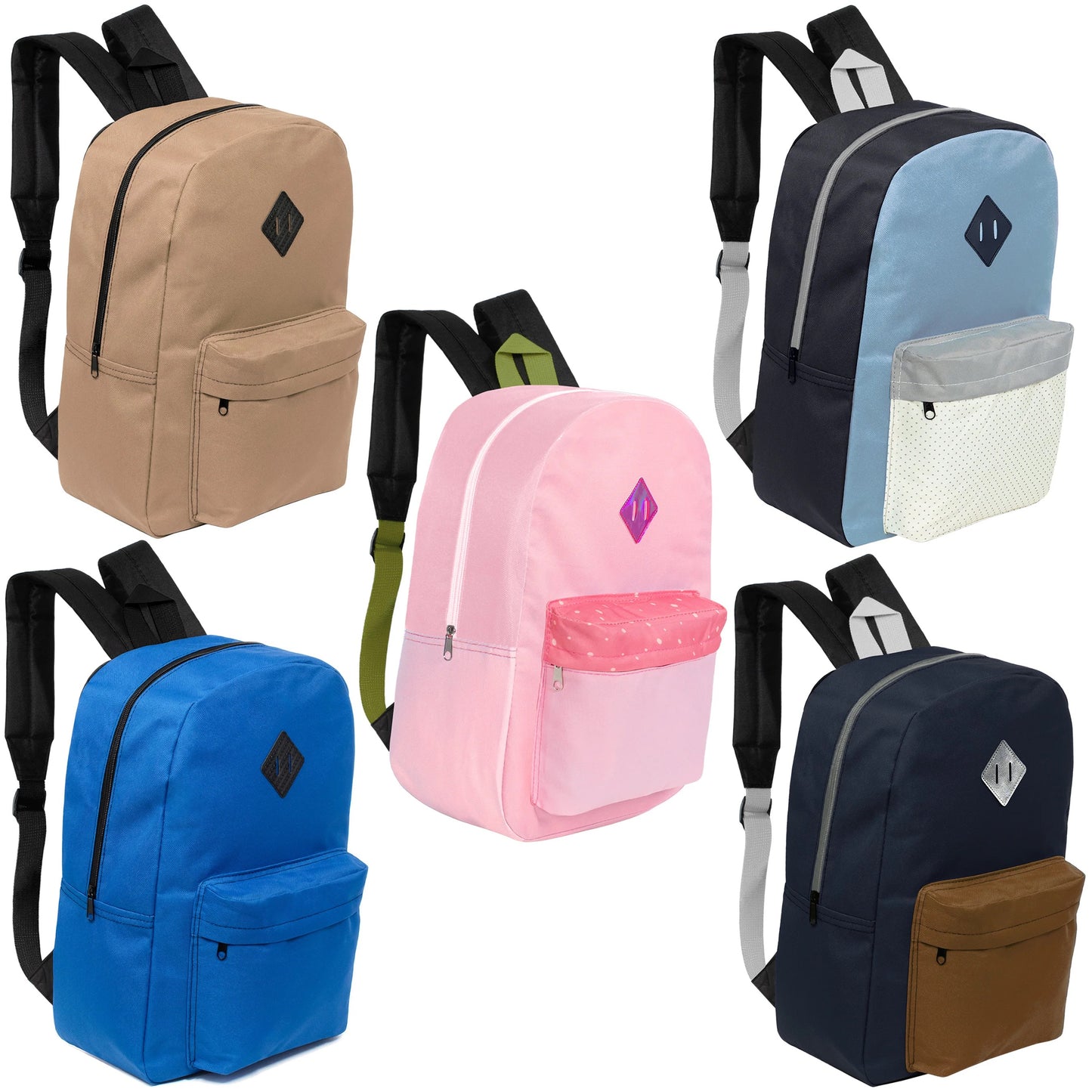 17" Padded Wholesale Backpacks in 5 Random Colors / Prints - Bulk Case of 24 ($5.50 / UNIT - ITEM: DWBP-342-24)