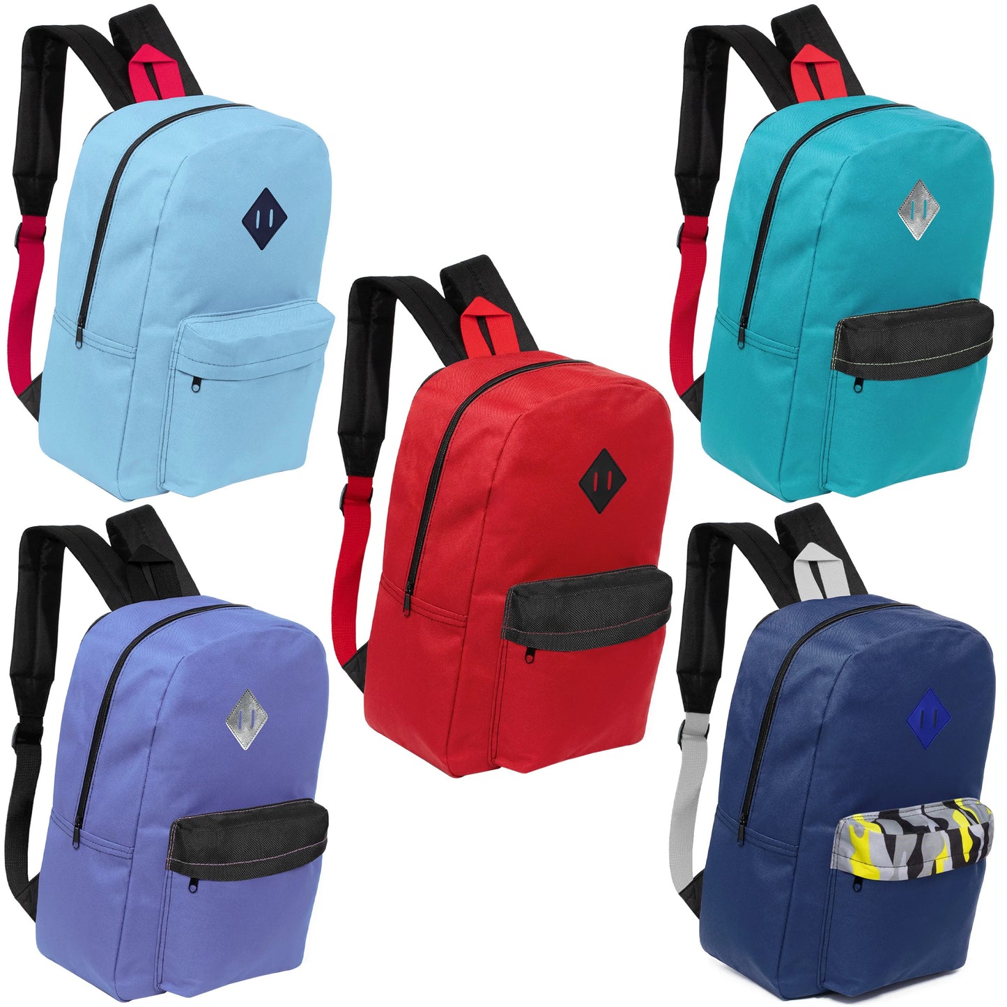 17" Padded Wholesale Backpacks in 5 Random Colors / Prints - Bulk Case of 24 ($5.50 / UNIT - ITEM: DWBP-343-24)