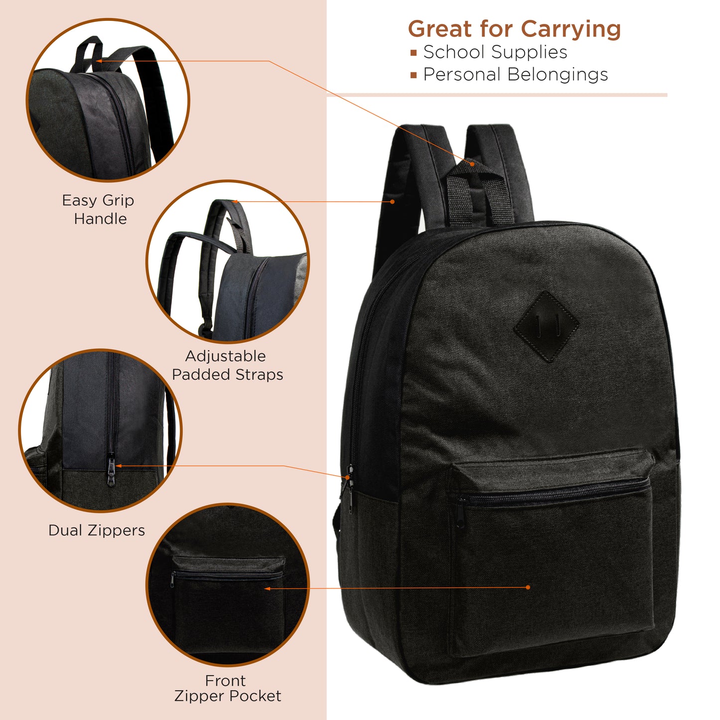 17" Diamond Patch Wholesale Backpacks in 6 Colors - Bulk Case of 24 ($4.60 / UNIT - ITEM: DWBP-307-24)