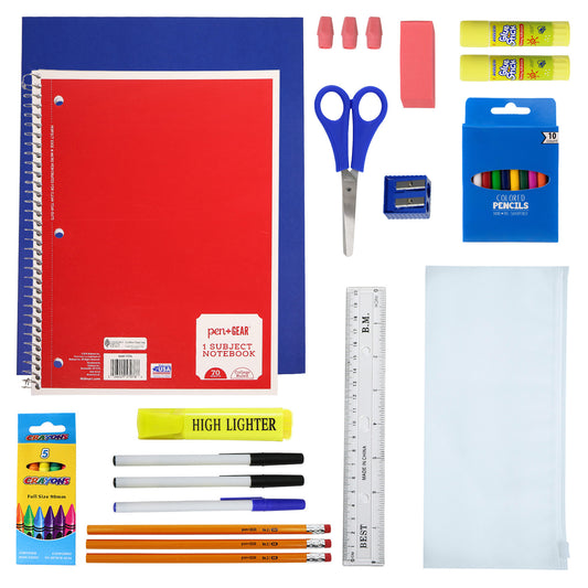 34 Piece Wholesale School Supply Kit in Bulk - Case of 24 ($8.75 / KIT - ITEM: DWSK-106-24)
