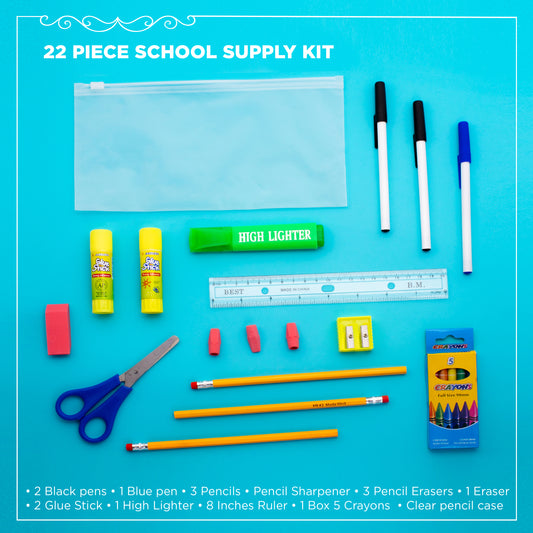 22 Piece Wholesale School Supply Kit in Bulk - Case of 48 ($5.25 / KIT - ITEM: DWSK-101-48)