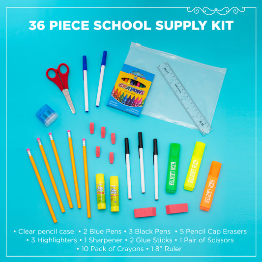 36 Piece Wholesale School Supply Kit in Bulk - Case of 48 ($7.50 / KIT - ITEM: DWSK-102-48)