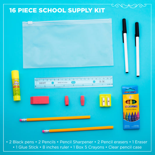 16 Piece Wholesale School Supply Kit in Bulk - Case of 48 ($3.70 / KIT - ITEM: DWSK-100-48)