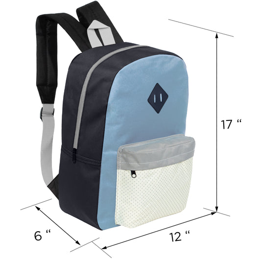 17" Padded Wholesale Backpacks in 5 Random Colors / Prints - Bulk Case of 24 ($5.50 / UNIT - ITEM: DWBP-342-24)