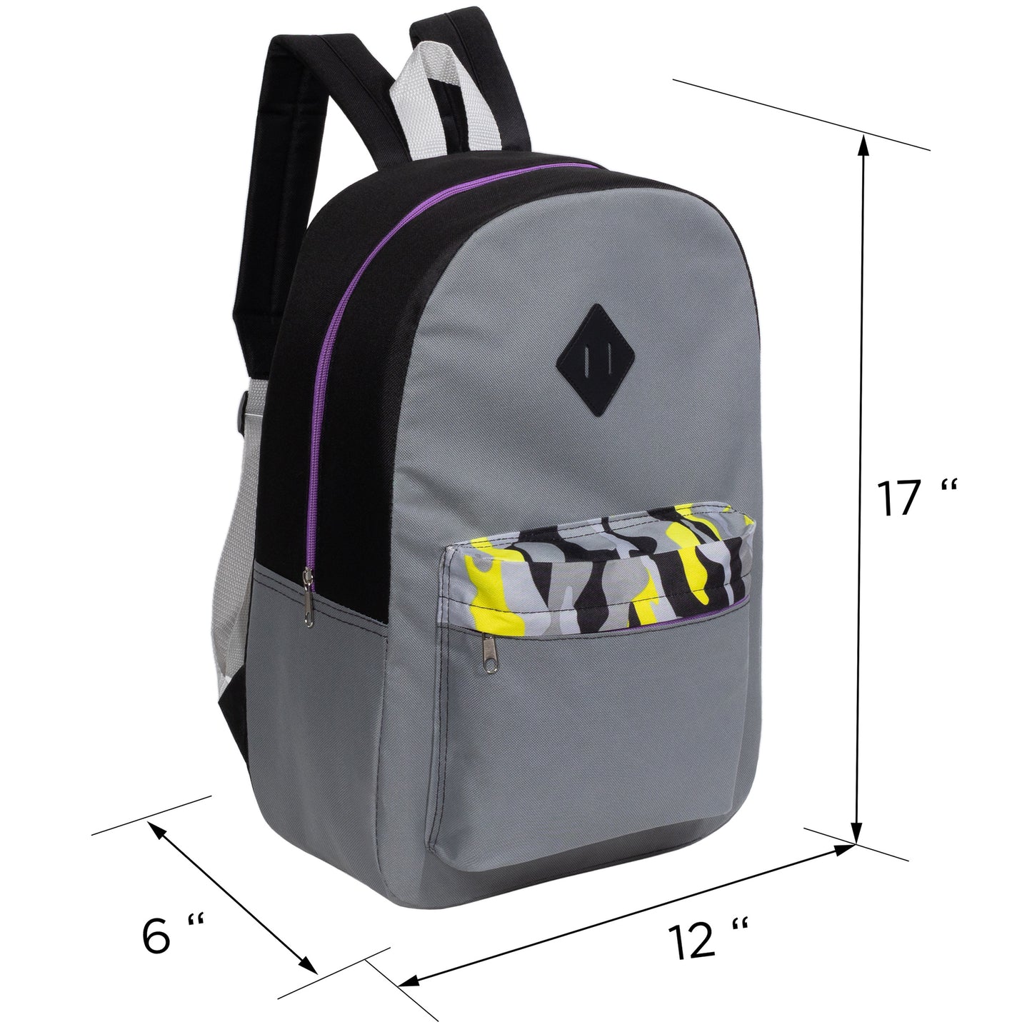 17" Padded Wholesale Backpacks in 5 Random Colors / Prints - Bulk Case of 24 ($5.50 / UNIT - ITEM: DWBP-349-24)