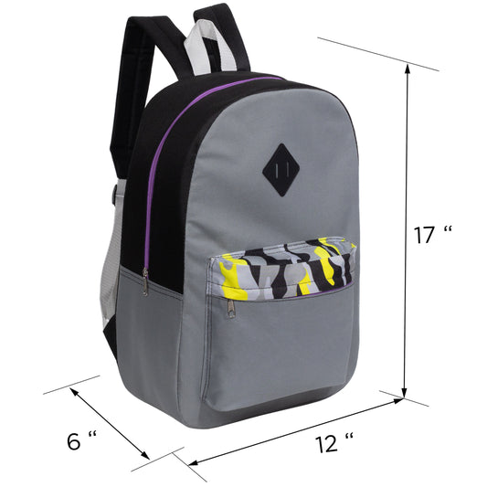 17" Padded Wholesale Backpacks in 5 Random Colors / Prints - Bulk Case of 24 ($5.50 / UNIT - ITEM: DWBP-349-24)