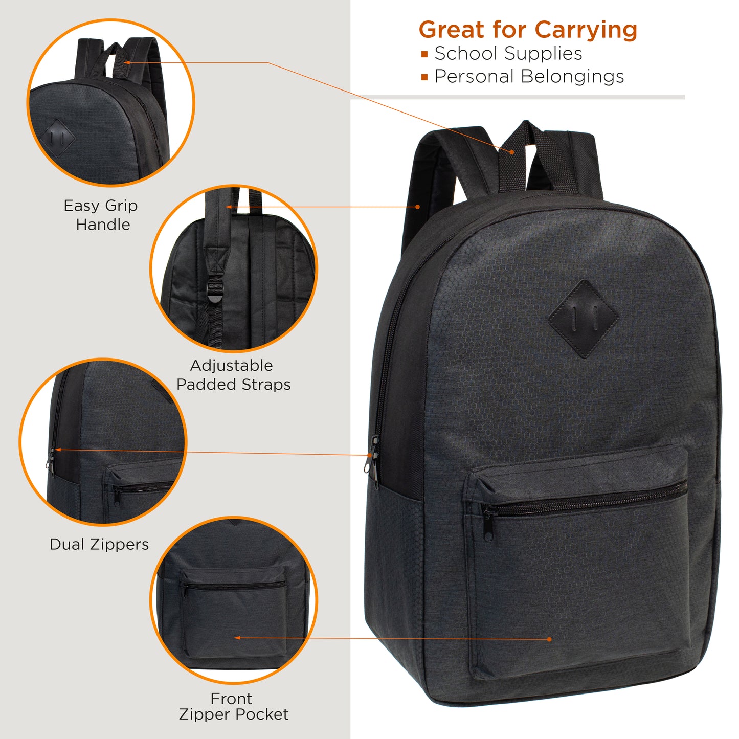 17" Classic Diamond Patch Wholesale Backpacks in 4 Colors - Bulk Case of 24 ($4.60 / UNIT - ITEM: DWBP-310-24)