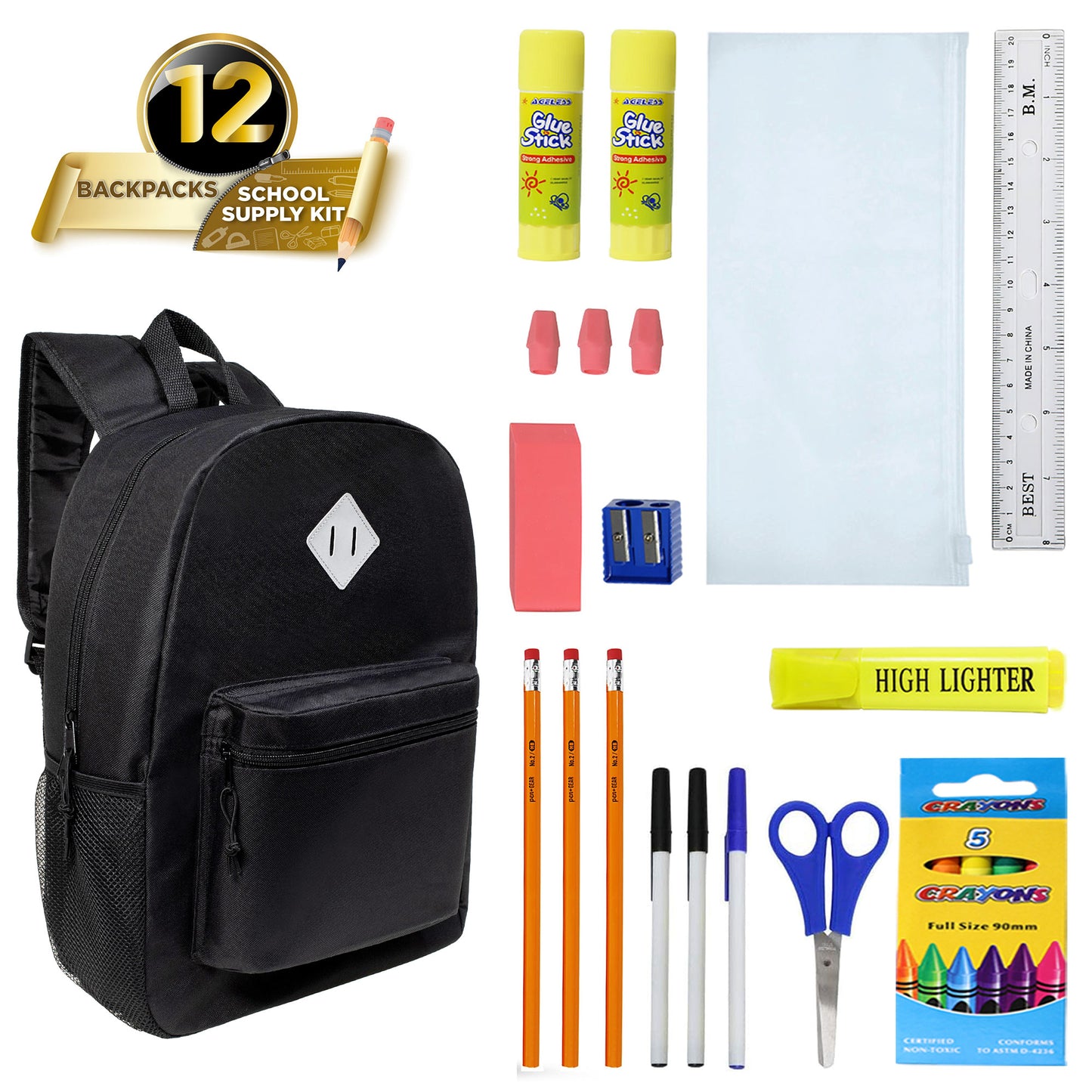 12 Black 17" Padded Back Wholesale Backpacks & 12 Bulk School Supply Kits | Choose Your Kit
