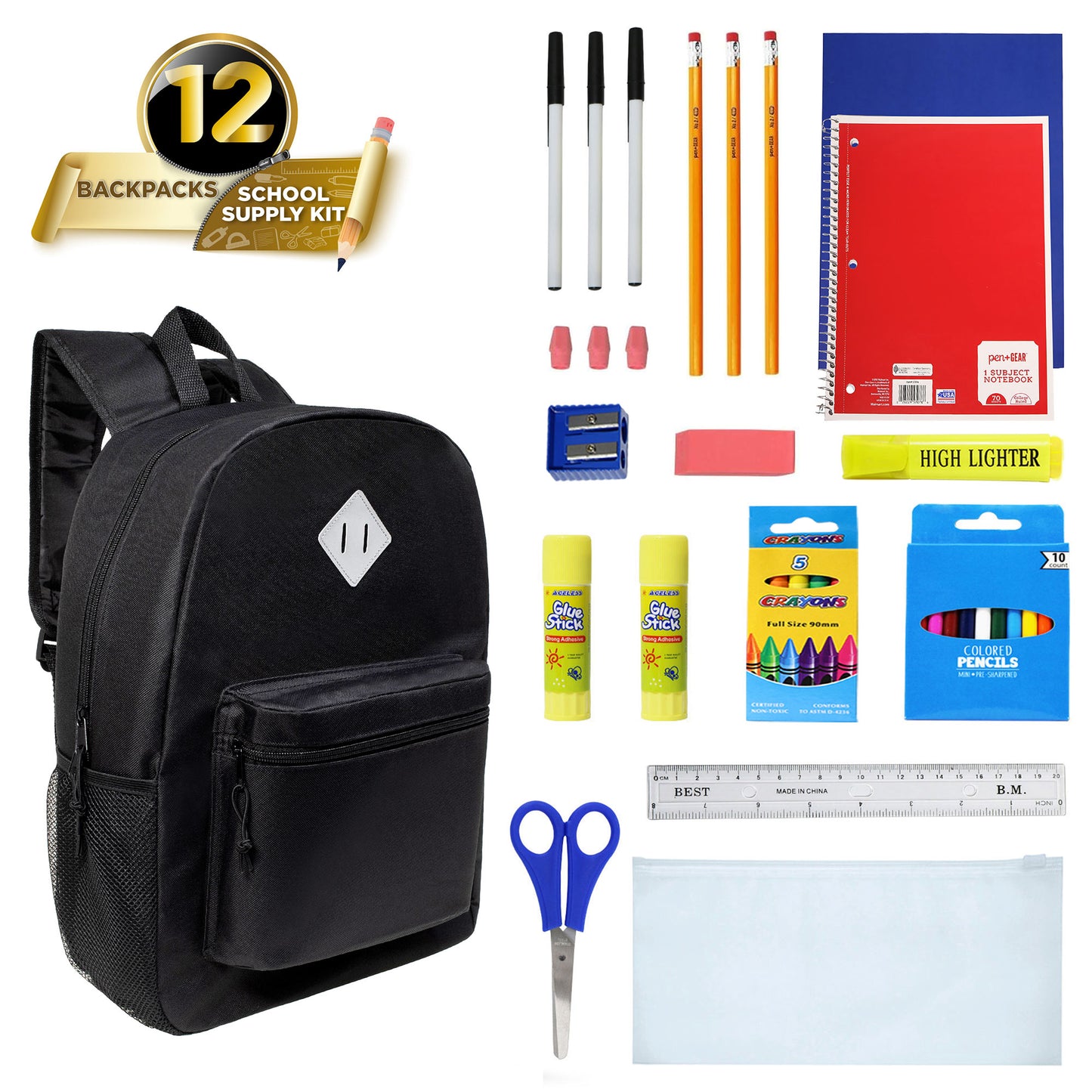 12 Black 17" Padded Back Wholesale Backpacks & 12 Bulk School Supply Kits | Choose Your Kit