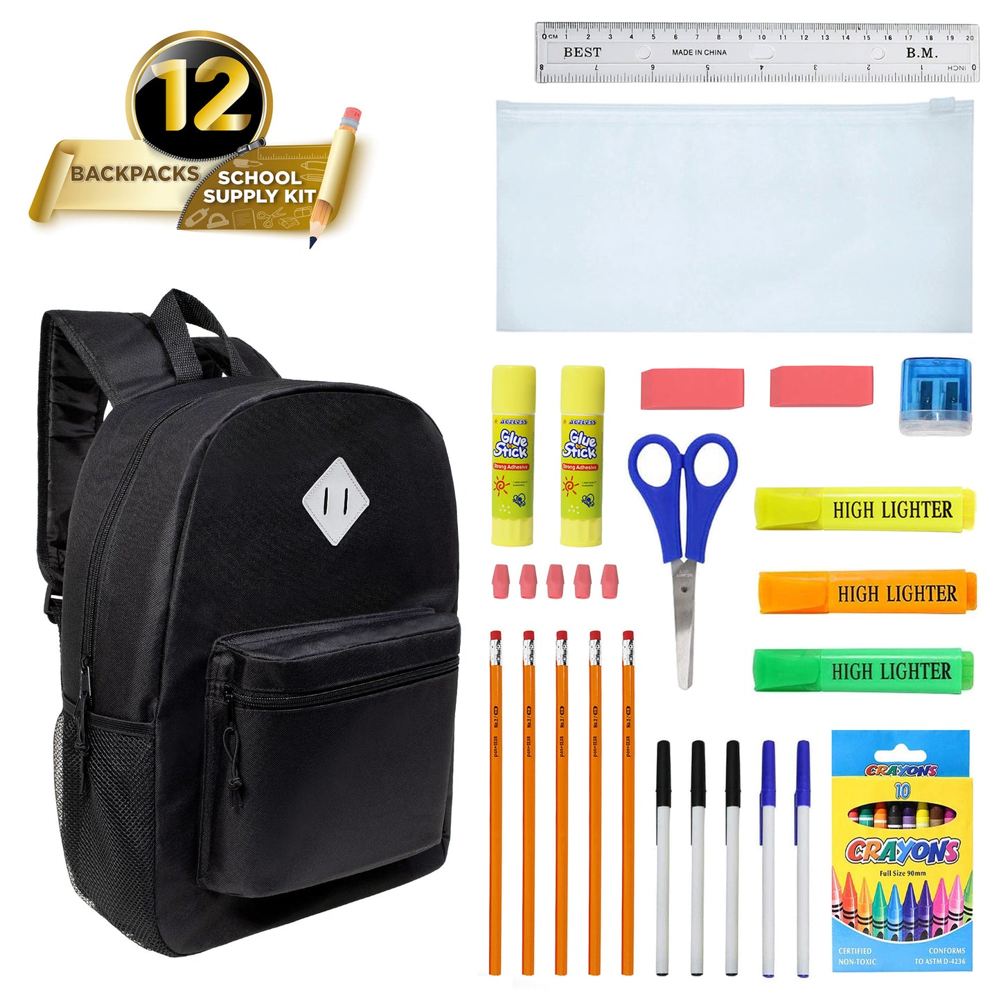 12 Black 17" Padded Back Wholesale Backpacks & 12 Bulk School Supply Kits | Choose Your Kit