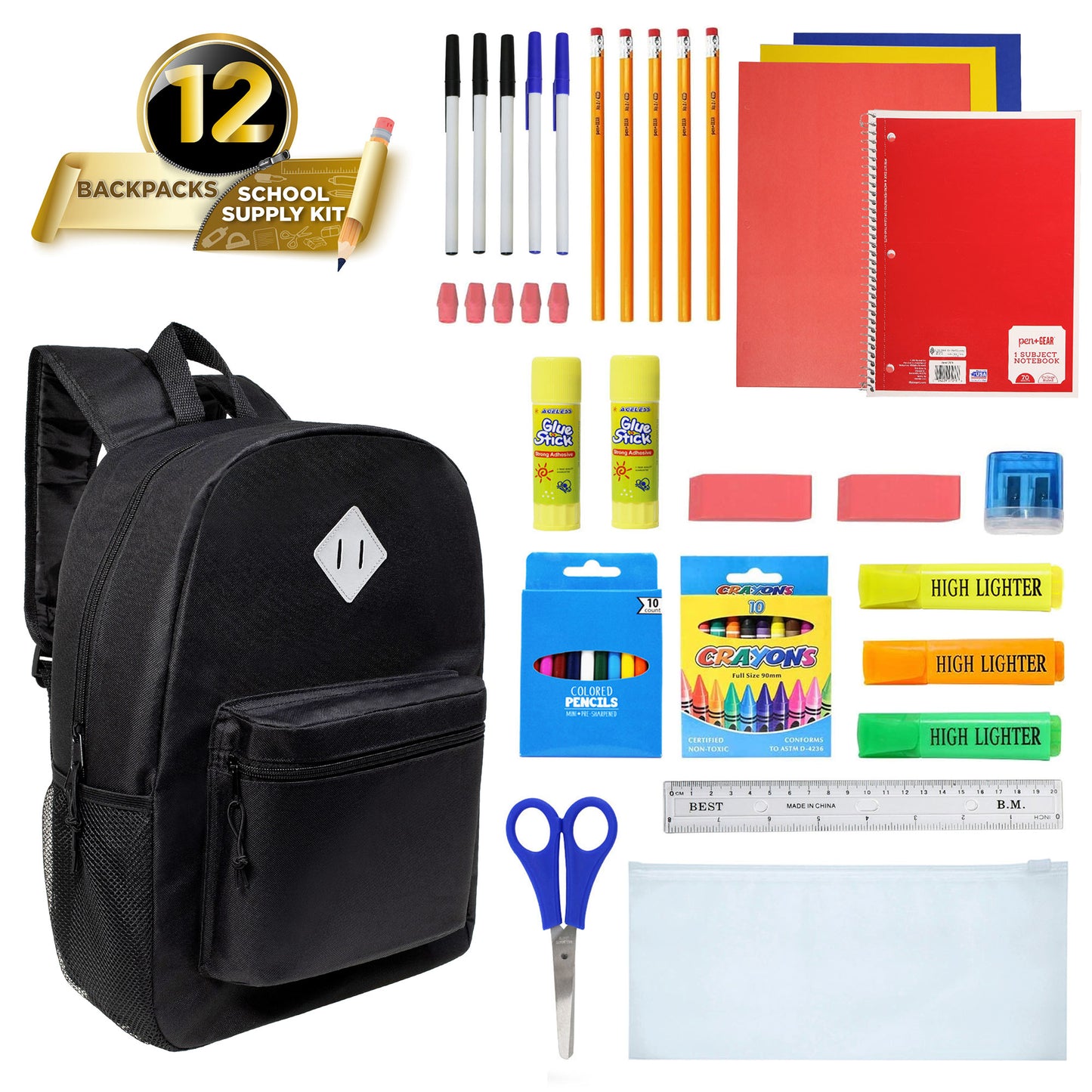 12 Black 17" Padded Back Wholesale Backpacks & 12 Bulk School Supply Kits | Choose Your Kit