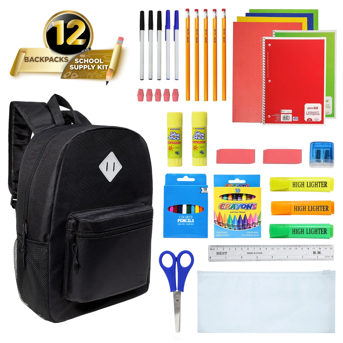 12 Black 17" Padded Back Wholesale Backpacks & 12 Bulk School Supply Kits | Choose Your Kit
