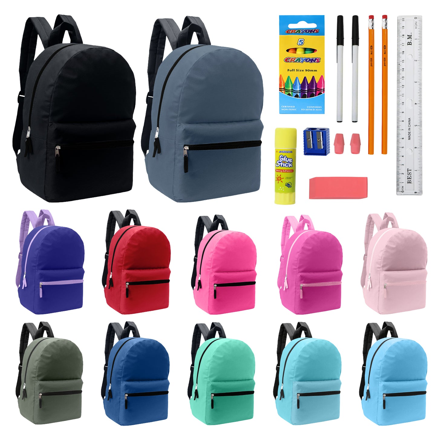 12 Assorted Color Basic 17" Wholesale Backpacks & 12 Bulk School Supply Kits | Choose Your Kit