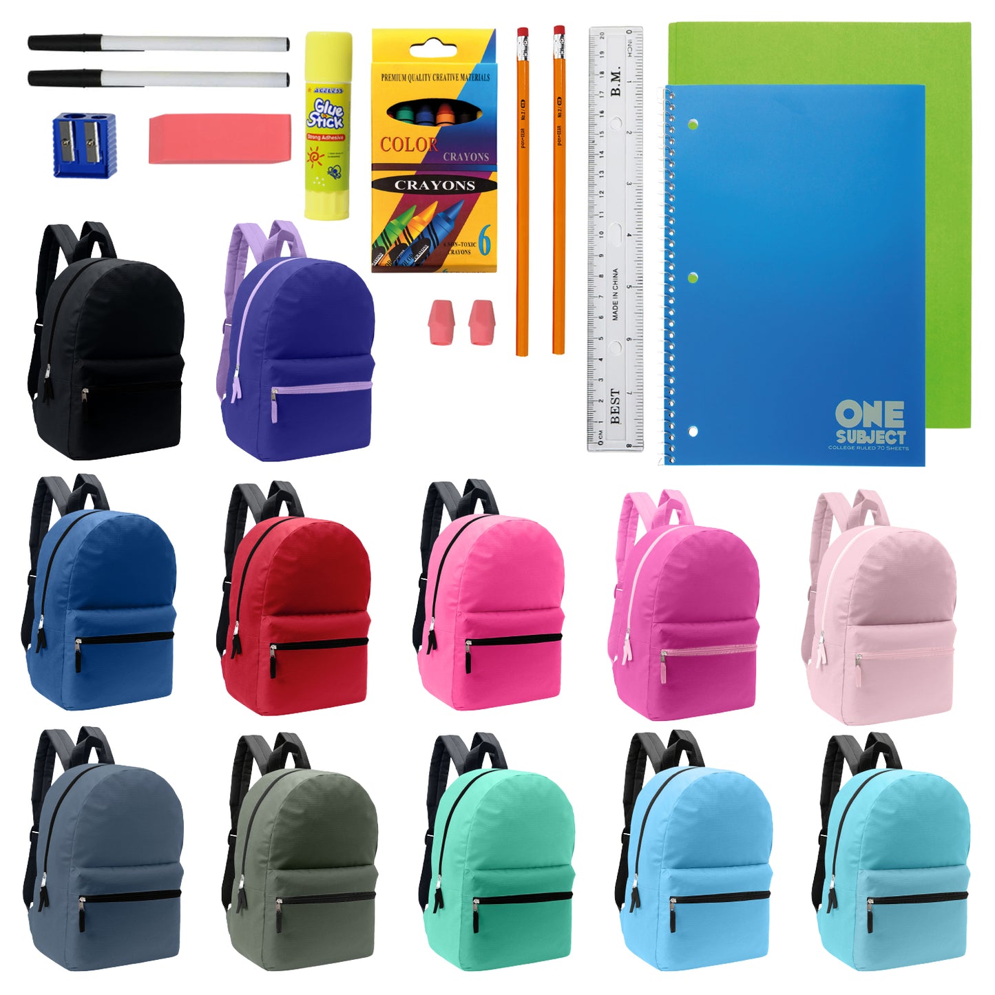 12 Assorted Color Basic 17" Wholesale Backpacks & 12 Bulk School Supply Kits | Choose Your Kit