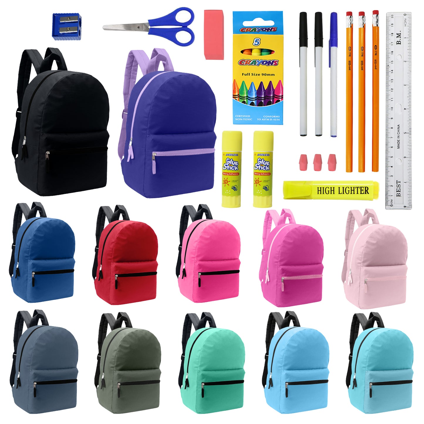 12 Assorted Color Basic 17" Wholesale Backpacks & 12 Bulk School Supply Kits | Choose Your Kit