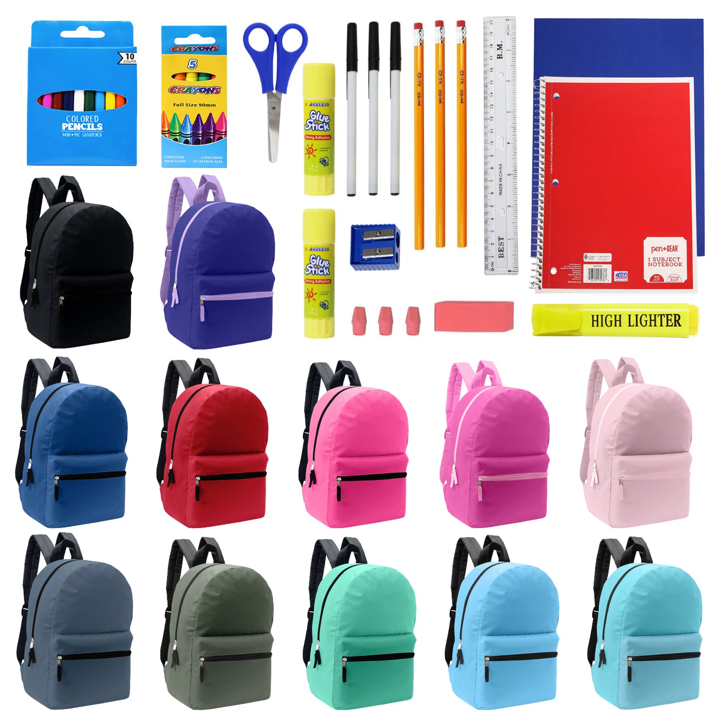 12 Assorted Color Basic 17" Wholesale Backpacks & 12 Bulk School Supply Kits | Choose Your Kit