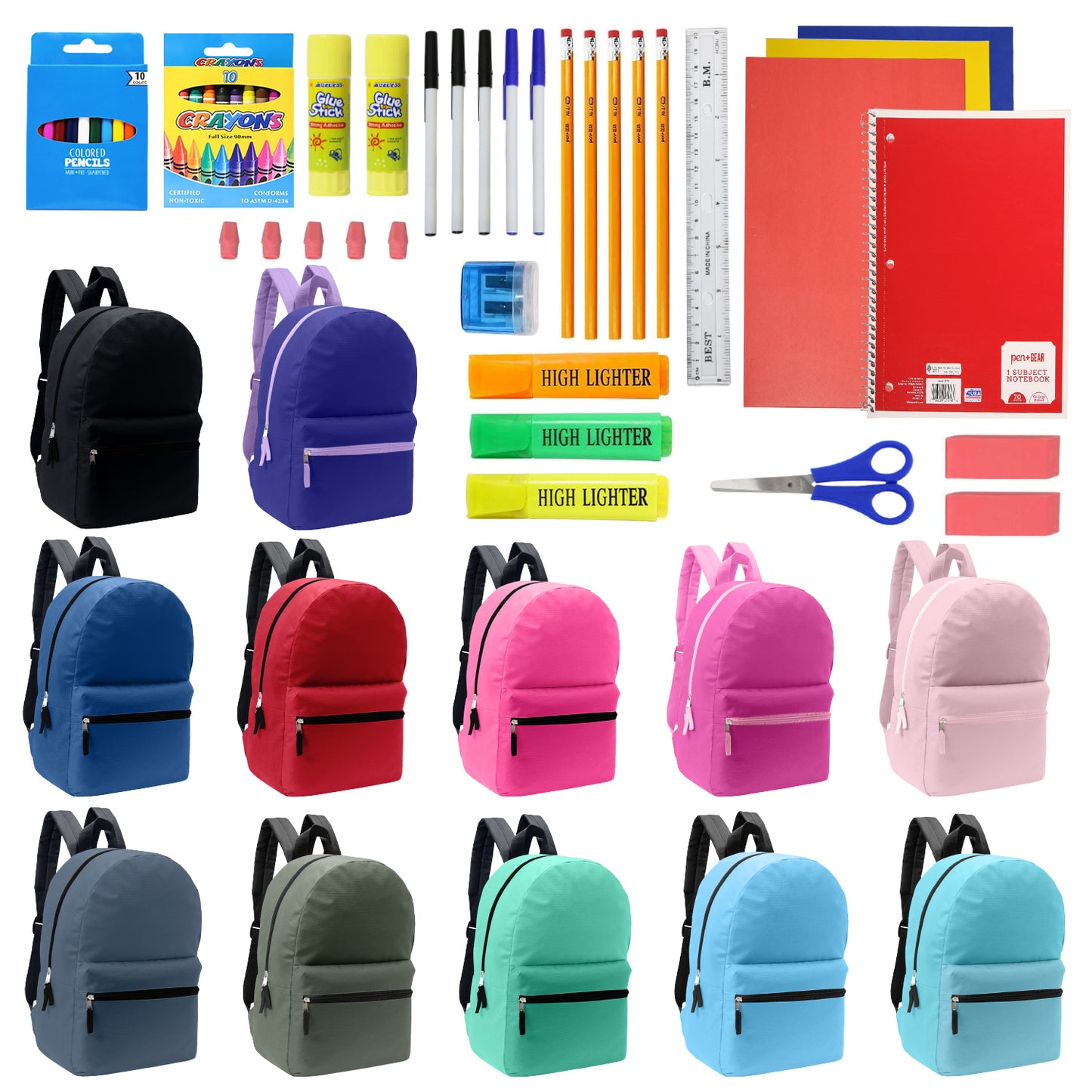 12 Assorted Color Basic 17" Wholesale Backpacks & 12 Bulk School Supply Kits | Choose Your Kit