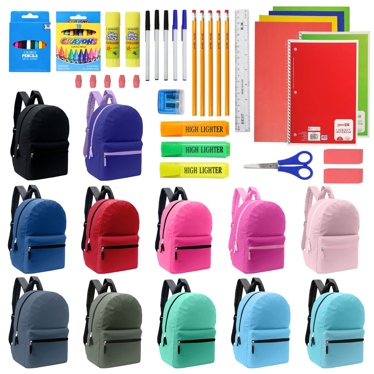 12 Assorted Color Basic 17" Wholesale Backpacks & 12 Bulk School Supply Kits | Choose Your Kit