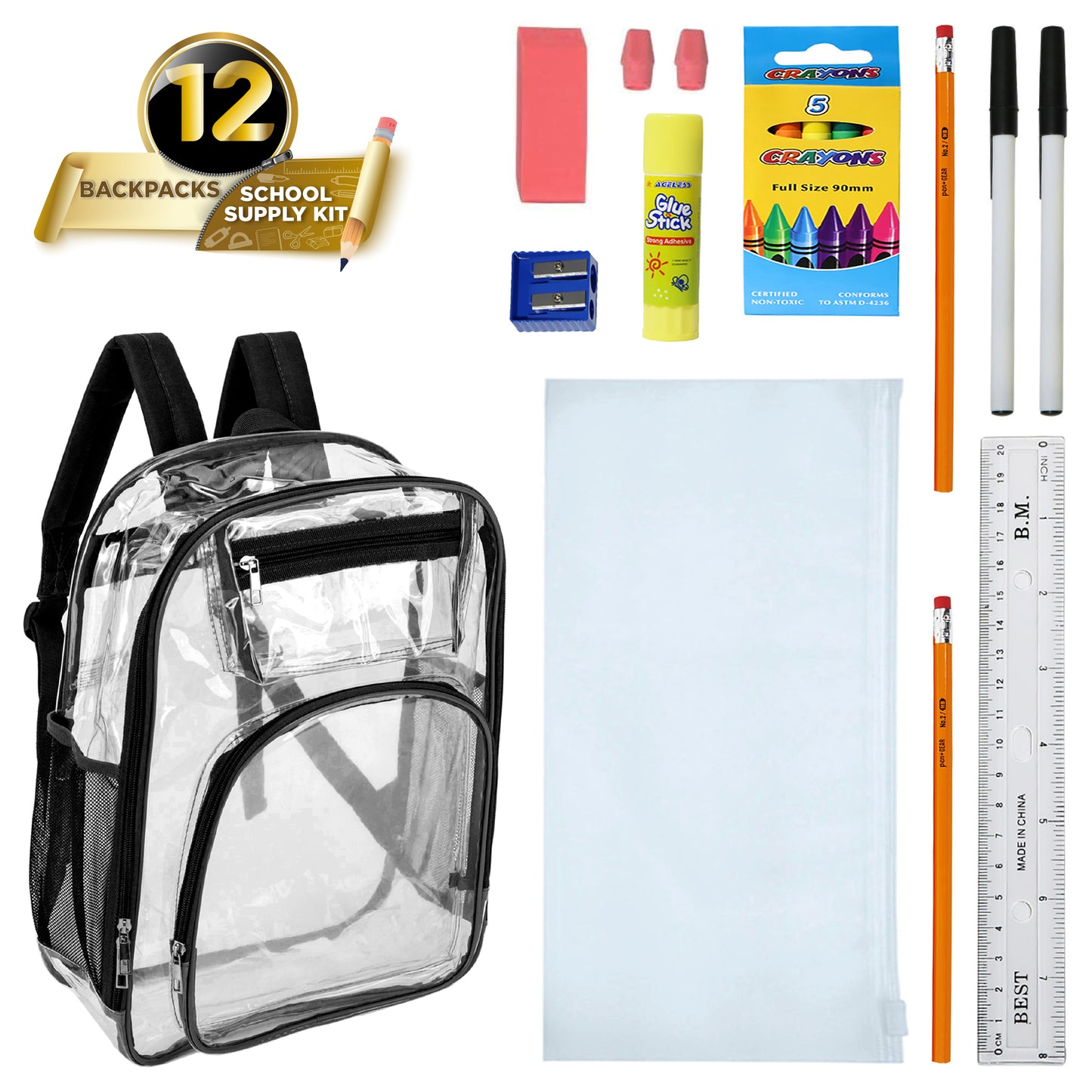 12 Deluxe 17" Clear Wholesale Backpacks in Black Trim & 12 Bulk School Supply Kits | Choose Your Kit