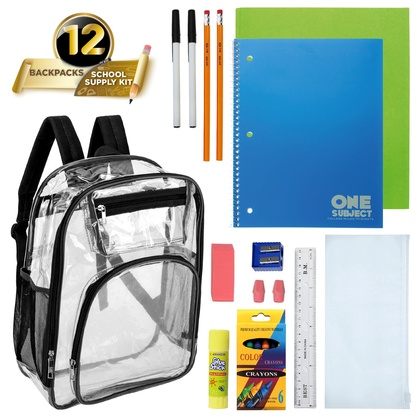 12 Deluxe 17" Clear Wholesale Backpacks in Black Trim & 12 Bulk School Supply Kits | Choose Your Kit